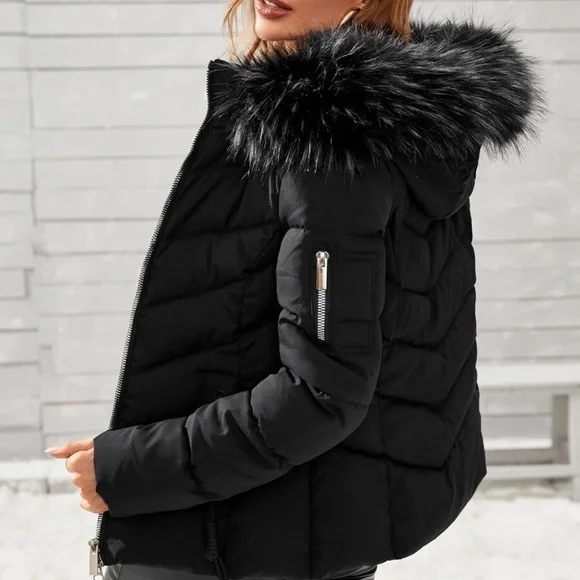 Cozy Zipper Vegan Fur Hooded Puffer Jacket Coat